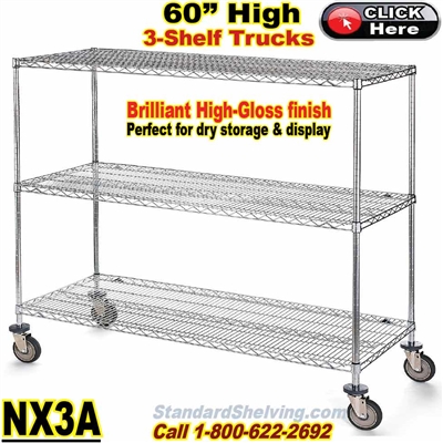 (10) Chrome Wire 3-Shelf Trucks 60"High / NX3A