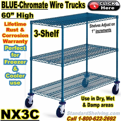 Blue-Chromate Wire 3-Shelf Trucks 60